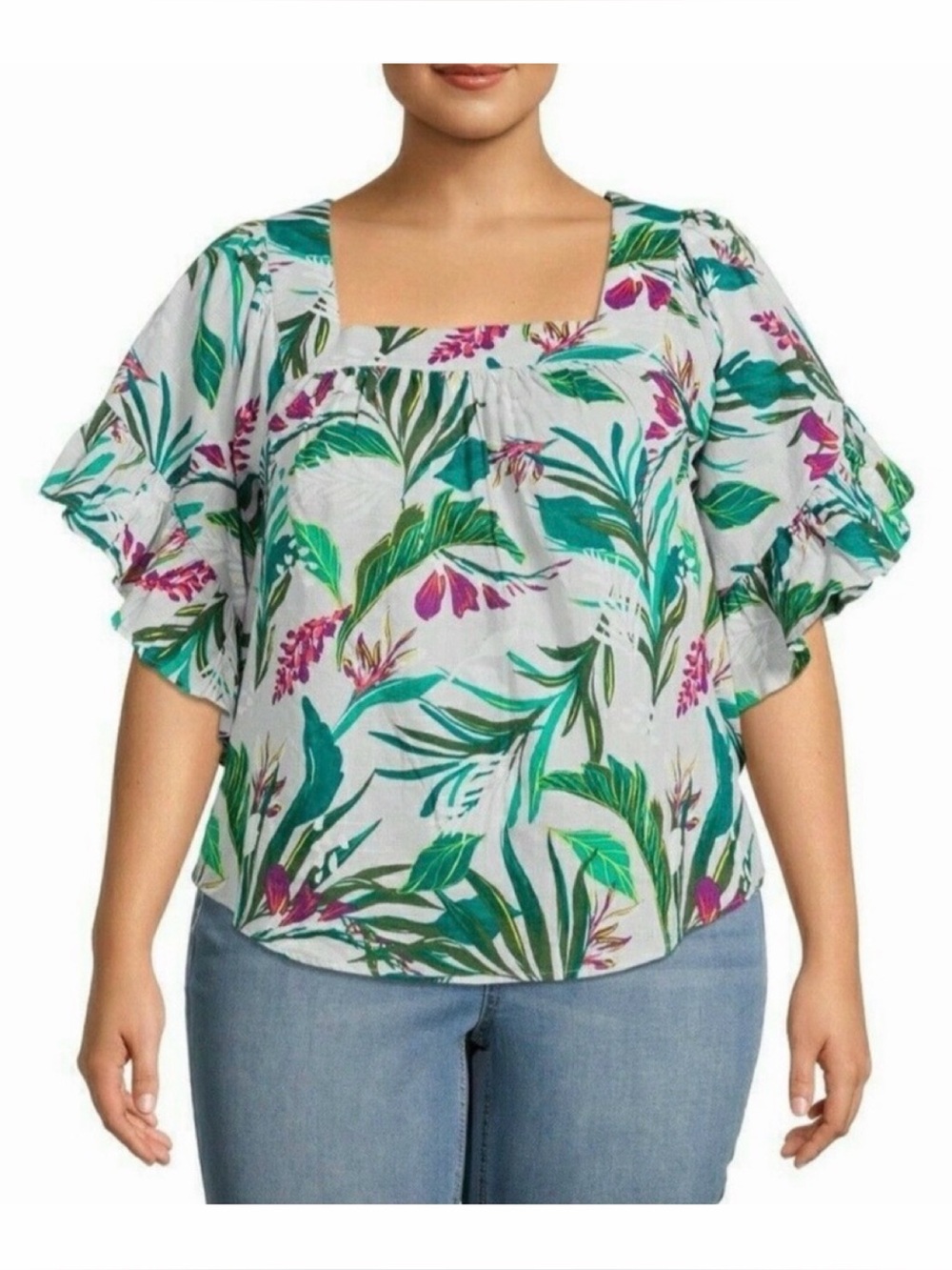 (NWT) TERRA & SKY • Tropical Print Square-Neck Ruffle Sleeve Peasant Top, 4X